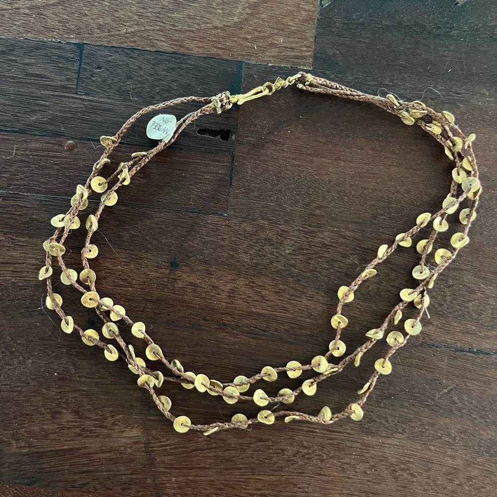 NWT Genuine Chan Luu triple-strand gold vermeil discs on brown, braided cord